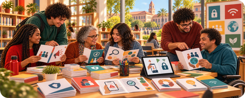 Estudantes, educadores, pessoa idosa e pessoa com deficiência consultando e produzindo cartilhas educativas impressas e digitais.