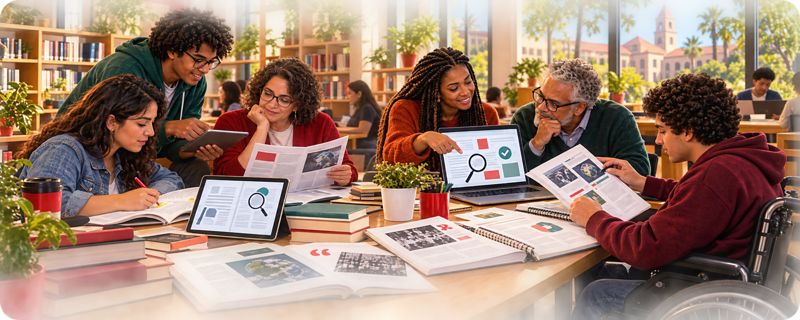 Grupo diverso de estudantes, professores e integrantes da comunidade lendo, analisando e comparando artigos impressos e digitais em uma biblioteca universitária.