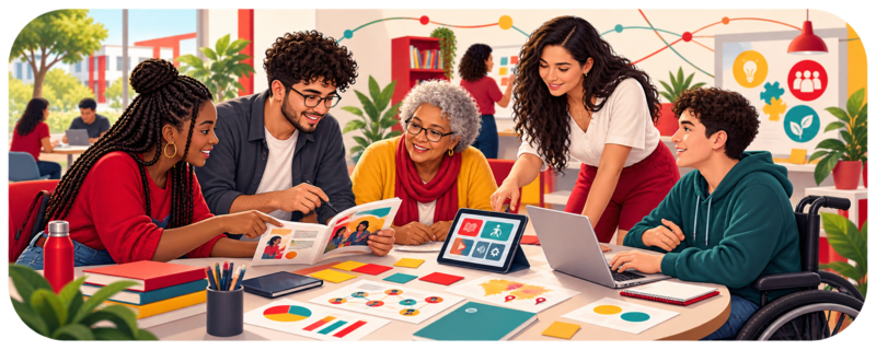Estudantes, educadores e integrantes da comunidade trabalhando conjuntamente na criação de materiais educativos e ferramentas digitais para a cidadania.