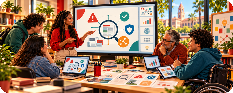 Estudantes e educadores elaborando e utilizando apresentações educativas sobre desinformação, inteligência artificial e verificação de informações.