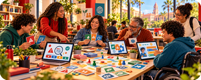 Pessoas de diferentes perfis utilizando jogos educativos e recursos digitais interativos para aprender a identificar notícias falsas.