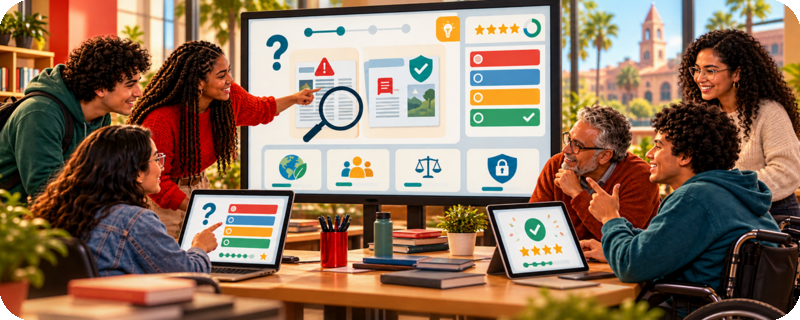 Pessoas utilizando computadores, celulares e recursos digitais interativos para responder quizzes educativos sobre segurança digital e desinformação.