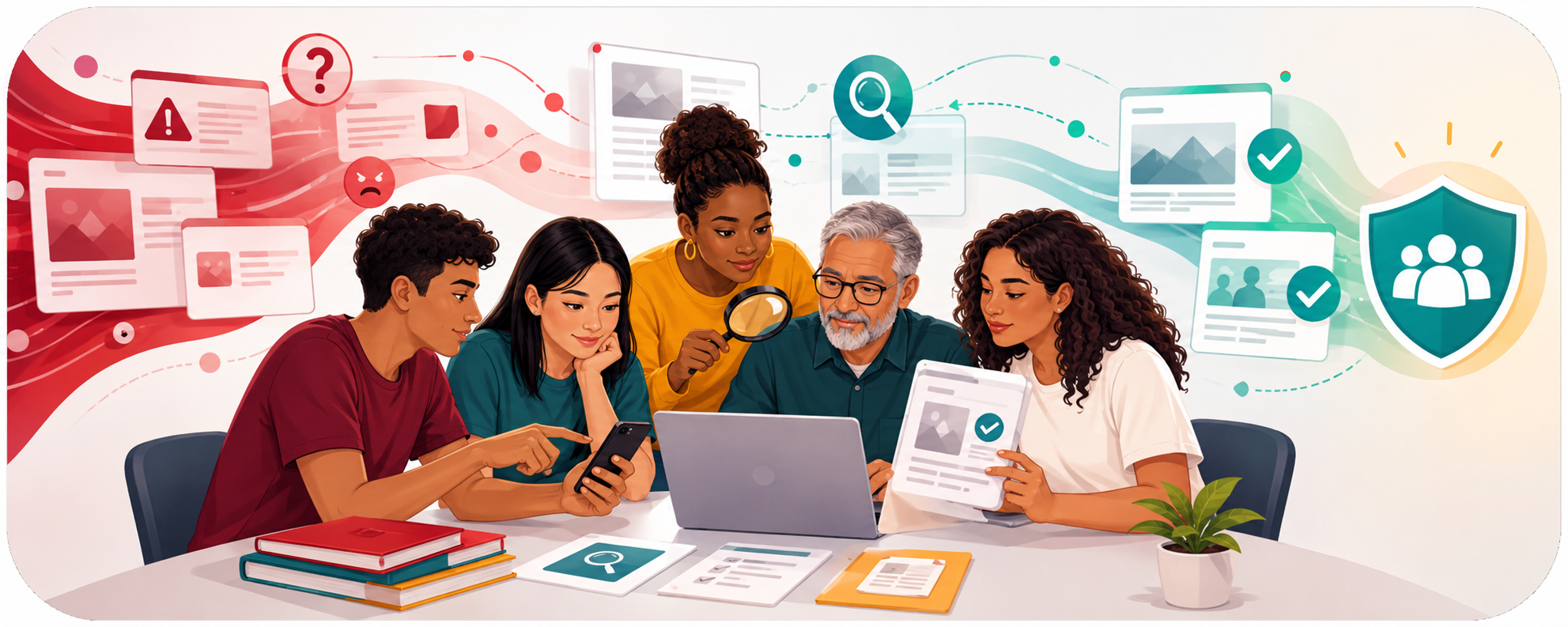 Representação da análise e verificação de informações no ambiente digital.