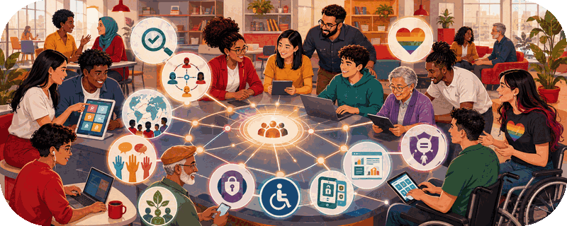 Pessoas de diferentes idades e perfis explorando temas relacionados à cidadania digital, inclusão, direitos, privacidade, participação social, acessibilidade, transparência e sustentabilidade.