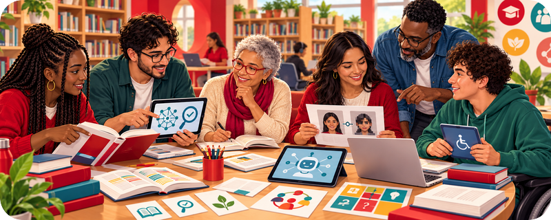 Estudantes, educadores e integrantes da comunidade consultando livros, artigos e recursos digitais em uma biblioteca universitária.