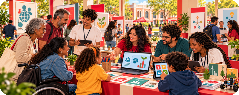 Mostra universitária aberta à comunidade, com estudantes e professores apresentando recursos educativos sobre cidadania e tecnologia.