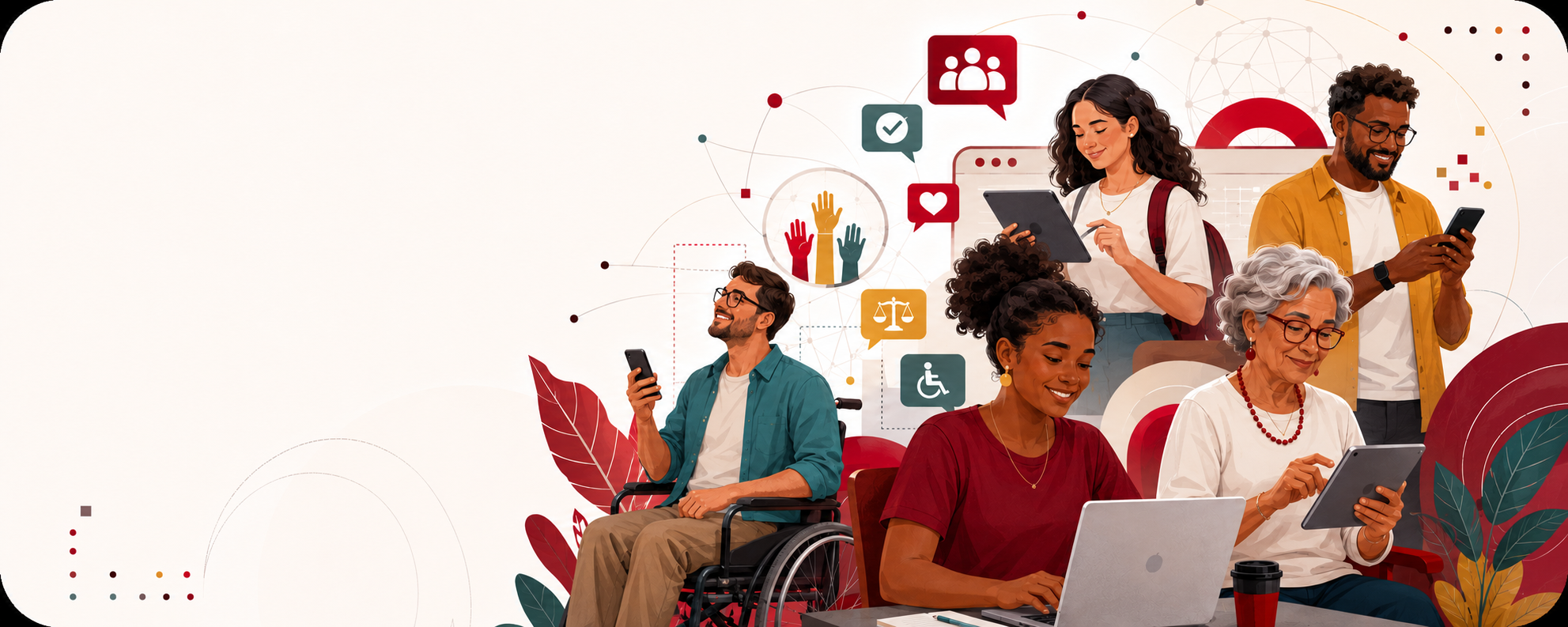Pessoas de diferentes idades e perfis utilizando tecnologias digitais para acessar informações, aprender e exercer a cidadania.