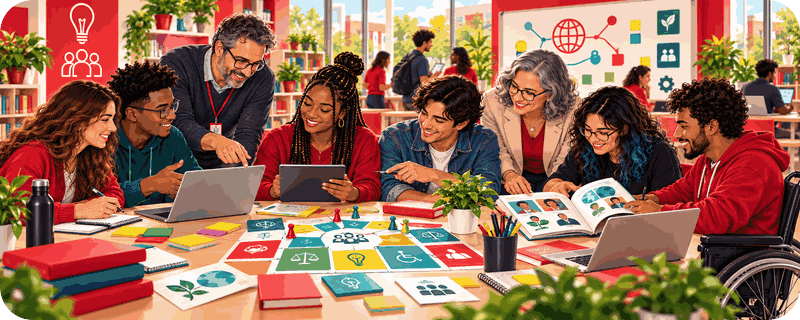 Alunos e professores diversos colaborando no desenvolvimento de materiais educativos e soluções digitais para o projeto Cidadania TecnoMack.