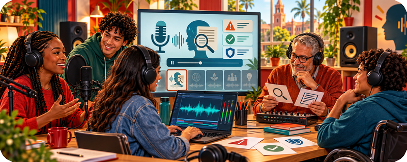 Pessoas de diferentes idades e perfis produzindo e ouvindo um conteúdo em áudio sobre fake news, desinformação e verificação de fatos.