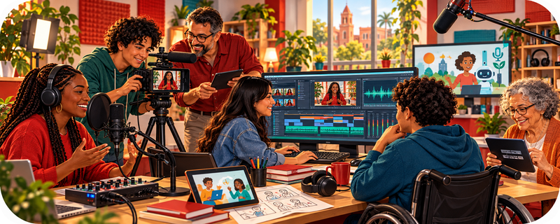 Estudantes, professores e integrantes da comunidade produzindo e utilizando vídeos, áudios e outros recursos audiovisuais educativos.
