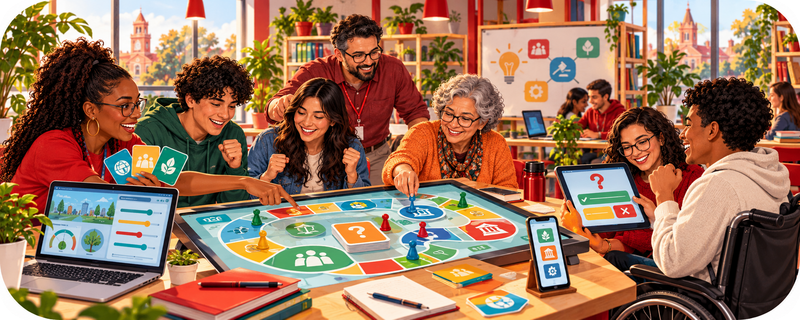 Estudantes, professores e integrantes da comunidade utilizando jogos, quizzes e outros recursos interativos sobre cidadania e tecnologia.