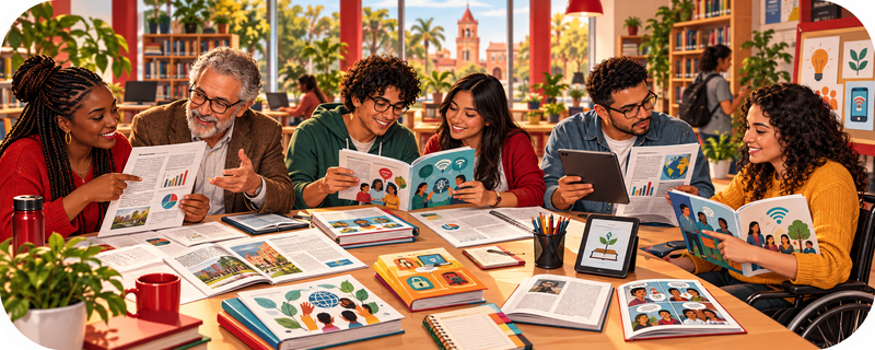 Estudantes, professores e integrantes da comunidade lendo e discutindo artigos, cartilhas e outros materiais educativos sobre cidadania e tecnologia.